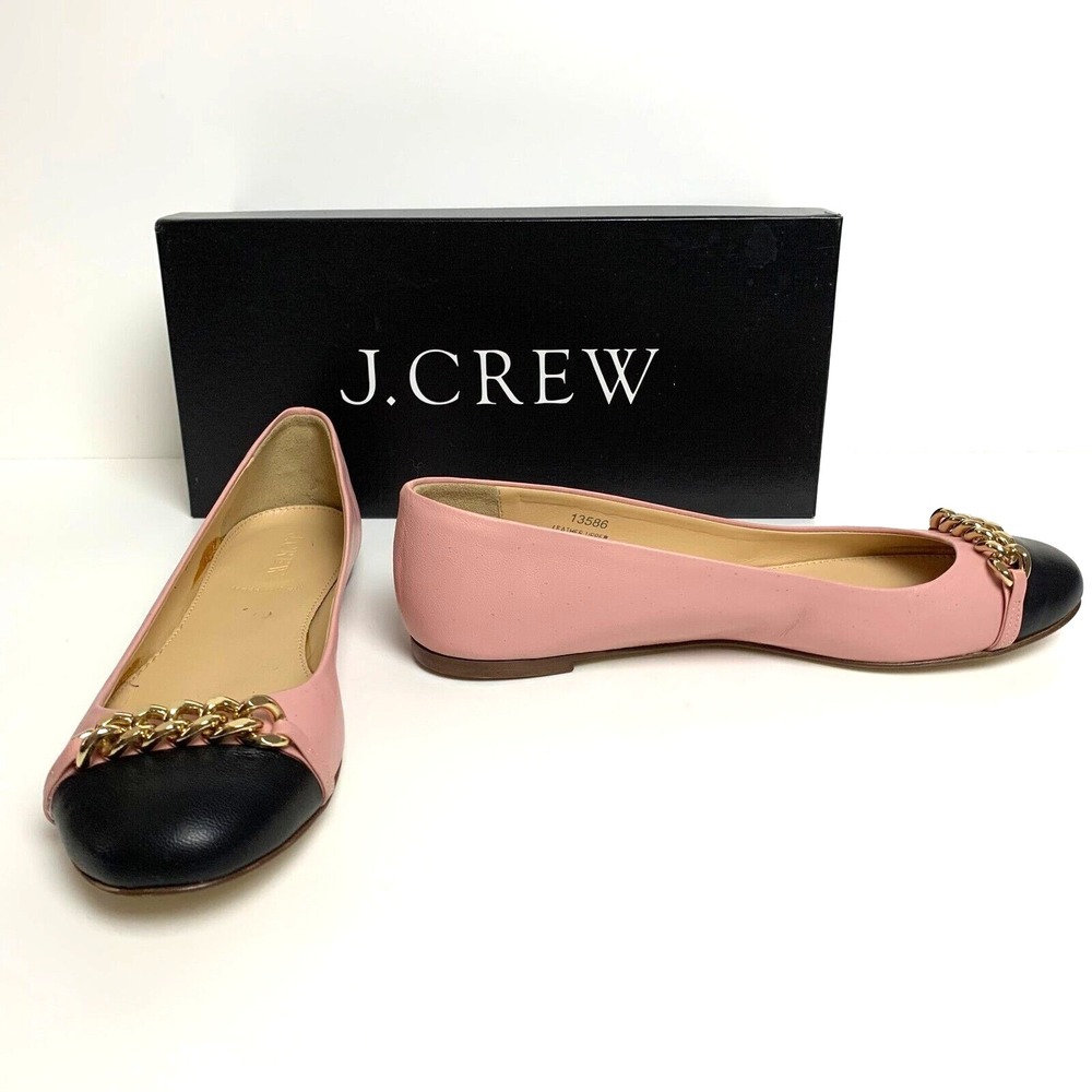 NIB J Crew Nora Leather Chain Cap‎ Toe Ballet Flats Shoes 6.5  Pink Black 13586